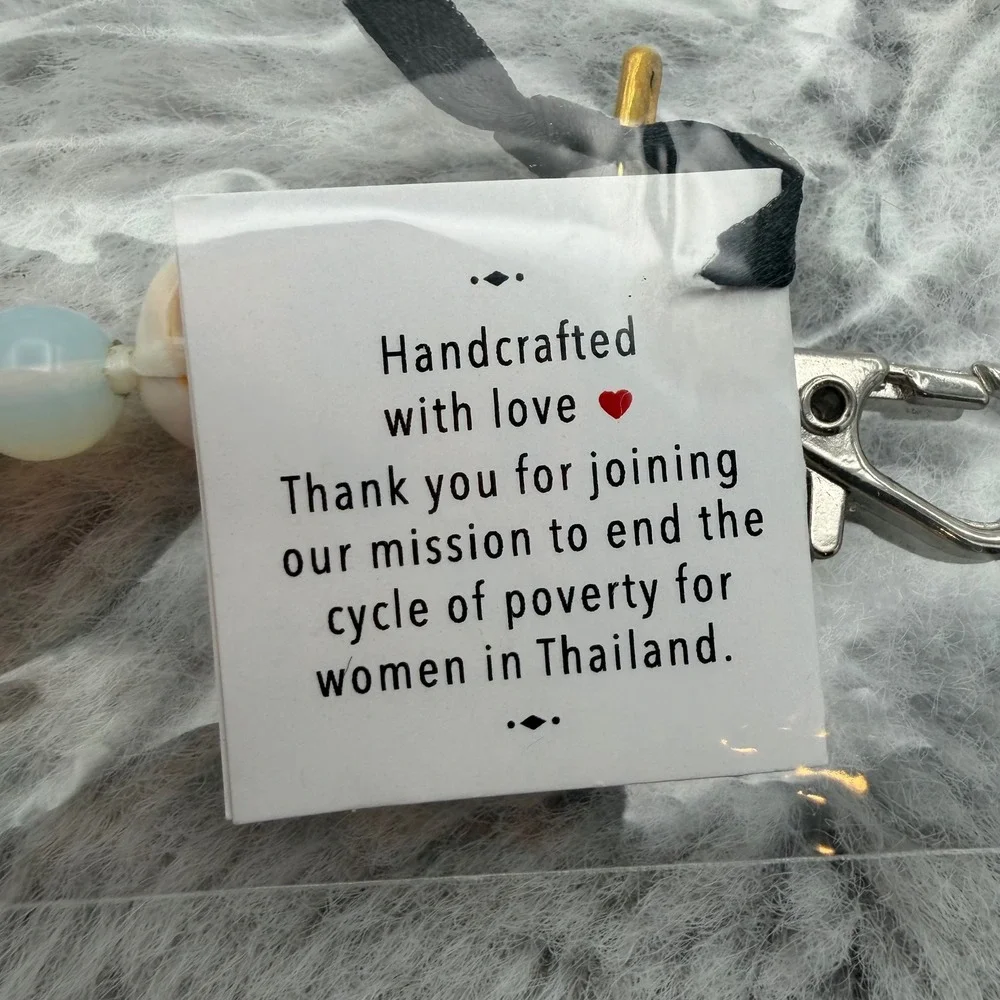 Lotus and Luna Keychain OS Charcoal Grey Cowrie Shell Moonstone Tassel NEW